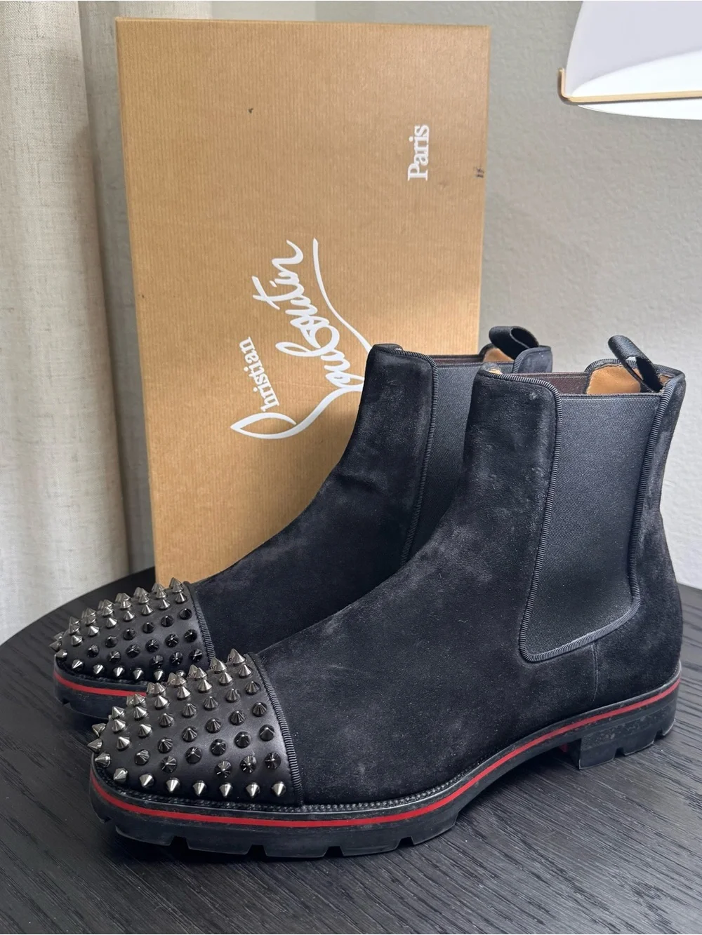 Christian Louboutin Melon Spikes Chelsea Boots Suede Black 42